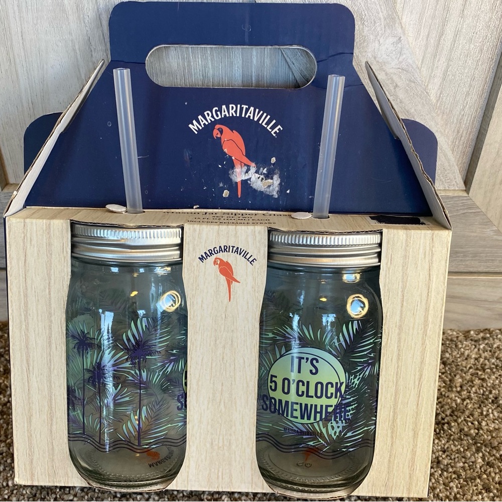 Jimmy Buffet Margaritaville 5 O'clock Somewhere Mason Jar Palm tree Glasses 2